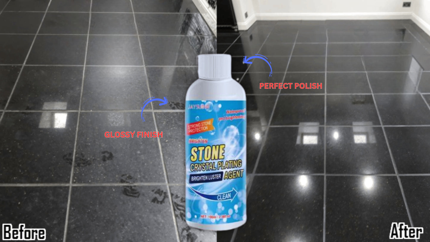 Tile and marble polish agent 250ml on glossy black floor before and after cleaning.