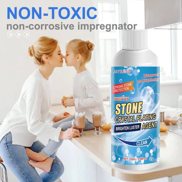 Non-toxic stone crystal plating agent for strong stone protection and luster enhancement.