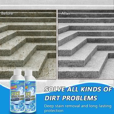 Tile marble cleaner polish agent before and after image showing effective stain removal and restoration on stone steps.