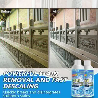 Tile and marble surfaces before and after using powerful stain removal and descaling cleaner.
