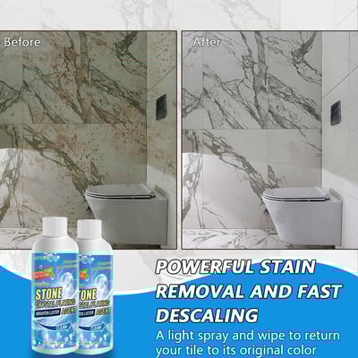 "Before and after using Tile Marble Polish Cleaner, showing restored shine and stain removal on bathroom tiles."