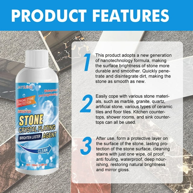 "Stone Crystal Plating Agent bottle with product features for effective tile and marble cleaning and polishing."