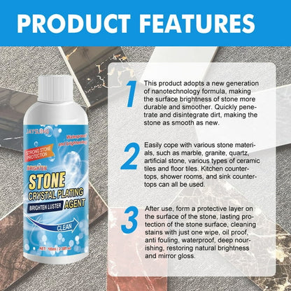 "Stone Crystal Plating Agent bottle with product features for effective tile and marble cleaning and polishing."